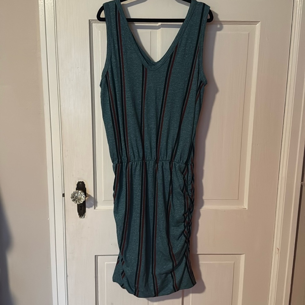Sundry for Evereve NWT Teal Stripe Scrunch Dress; polyester/cotton/spandex blend